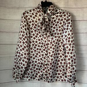Vintage Haberdashery Silk Blouse with Tie Neck and Square Floral Pattern